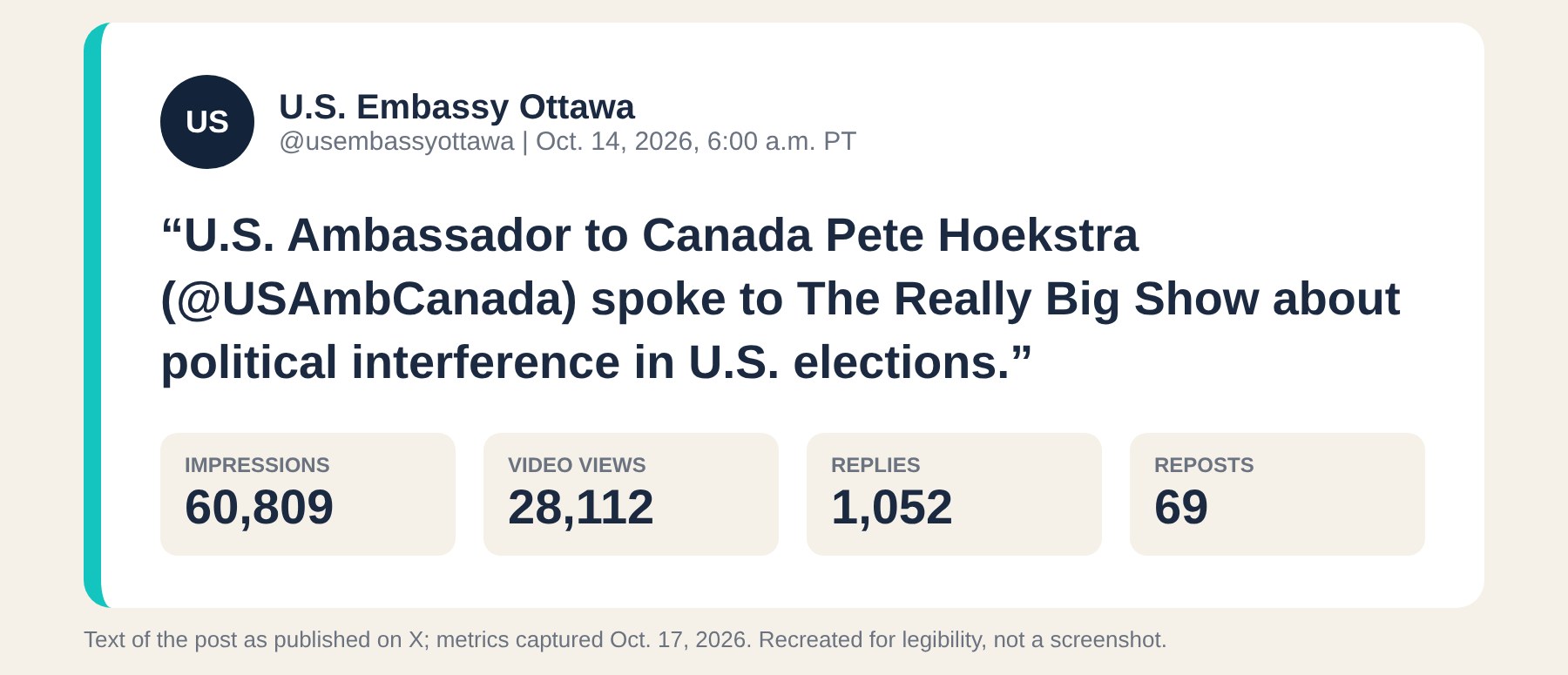 Recreation of the U.S. Embassy Ottawa post on X